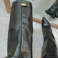 Autumn and Winter New Pointed Metal Buckle Knee High Women's Boots, Thick High-heeled Pants Boots, Fashionable Mid Leg Boots