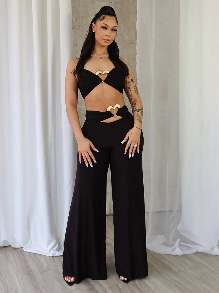 Heart Metal Patchwork 2 Piece Set Women Lace-Up Halter Low-Neck Crop Tops+Solid Wide-leg Pants Simple Casual Outfits