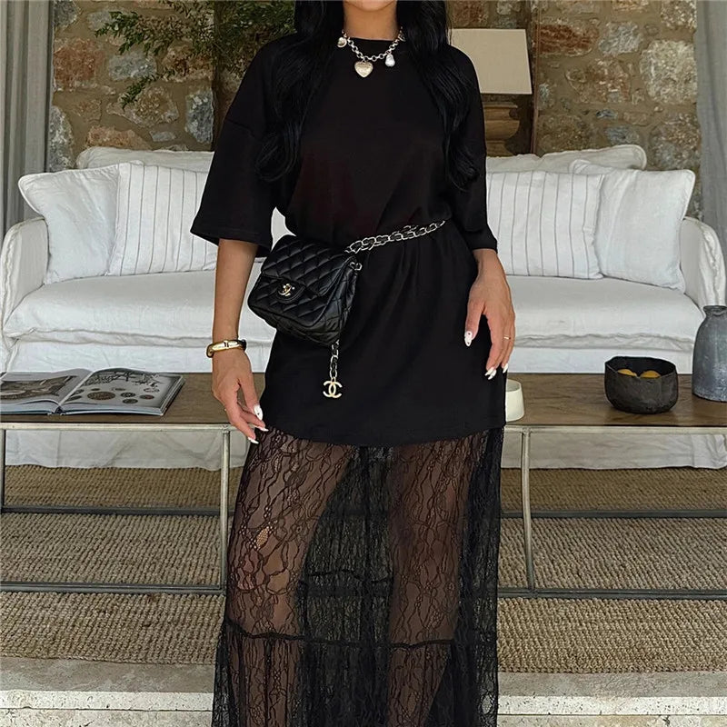 Women Oversized T Shirt Lace Maxi Dress 2 In 1 Sheer Mesh Long Dress Short Sleeve Loose Casual Summer Party Streetwear