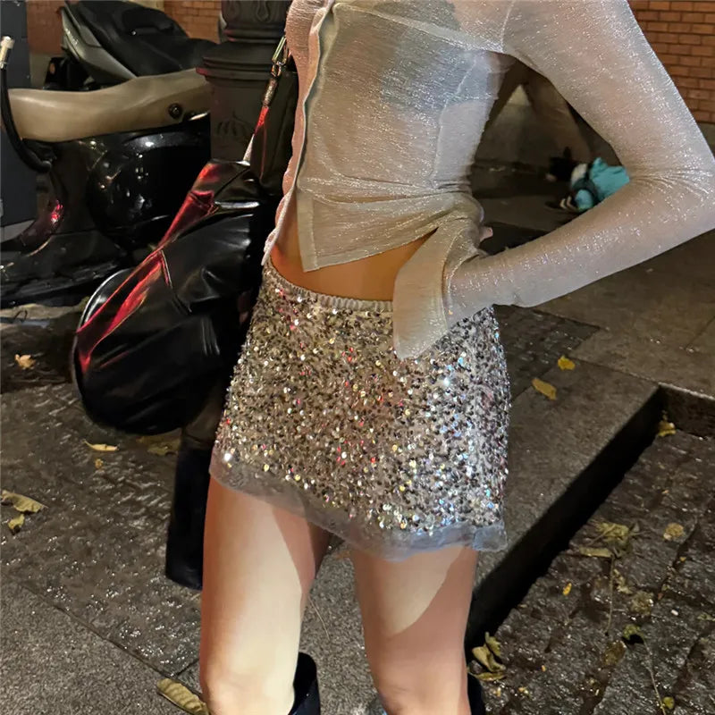 Women Y2K Sequin Mini Skirt Lace Trim Elastic Waist Low Rise Bodycon Micro Short Skirt Club Party Festival Skirts