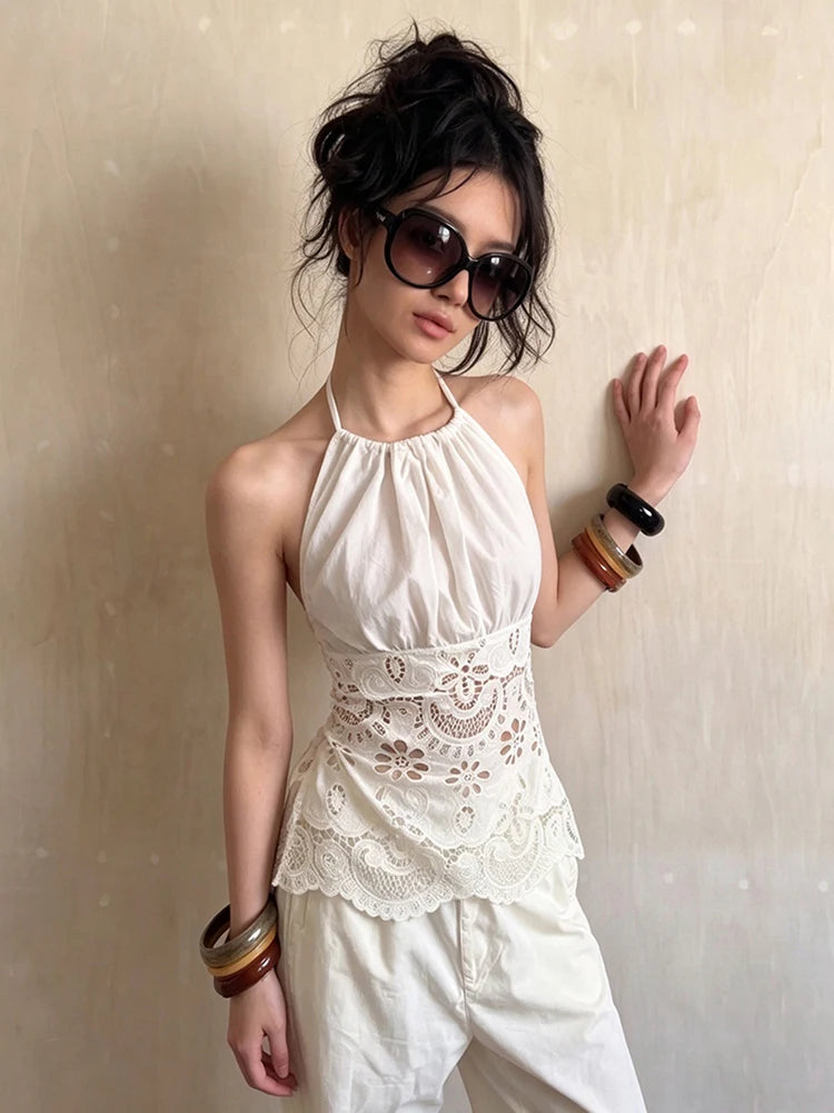 Sexy Hottie Backless Tank Top Women Trend Jacquard Patchwork Halter Sleeveless Ruched Stretch Chic Street Club Vest