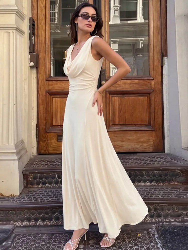 Cowl Neck Backless Sexy Midi Dress Women Elegant Ruched Waist Bodycon Long Evening Club Party Dress Female Gown