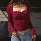 Lace Trim Square Neck Long Sleeve Tops Solid Color Tees Tight Fitted T Shirts Sexy Fall Clothes for Woman