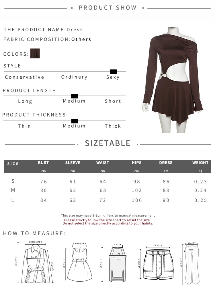 Sexy Hollow Mini Dress Women Skew Collar Off Shoulder Full Sleeve Rings Patchwork Waistless Ruched Elegant Outfits