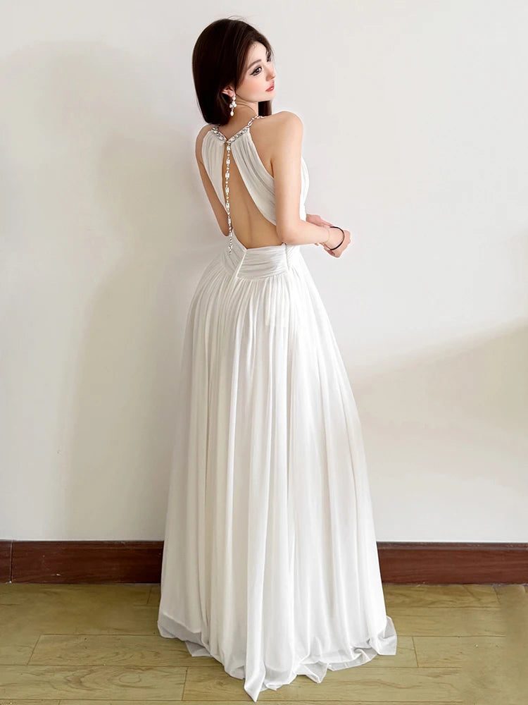 Backless Maxi Dress Women Beaded Chain Folds Sleeveless o-Neck Elegant Birthday Party Vacation Summer Trend Vestidos