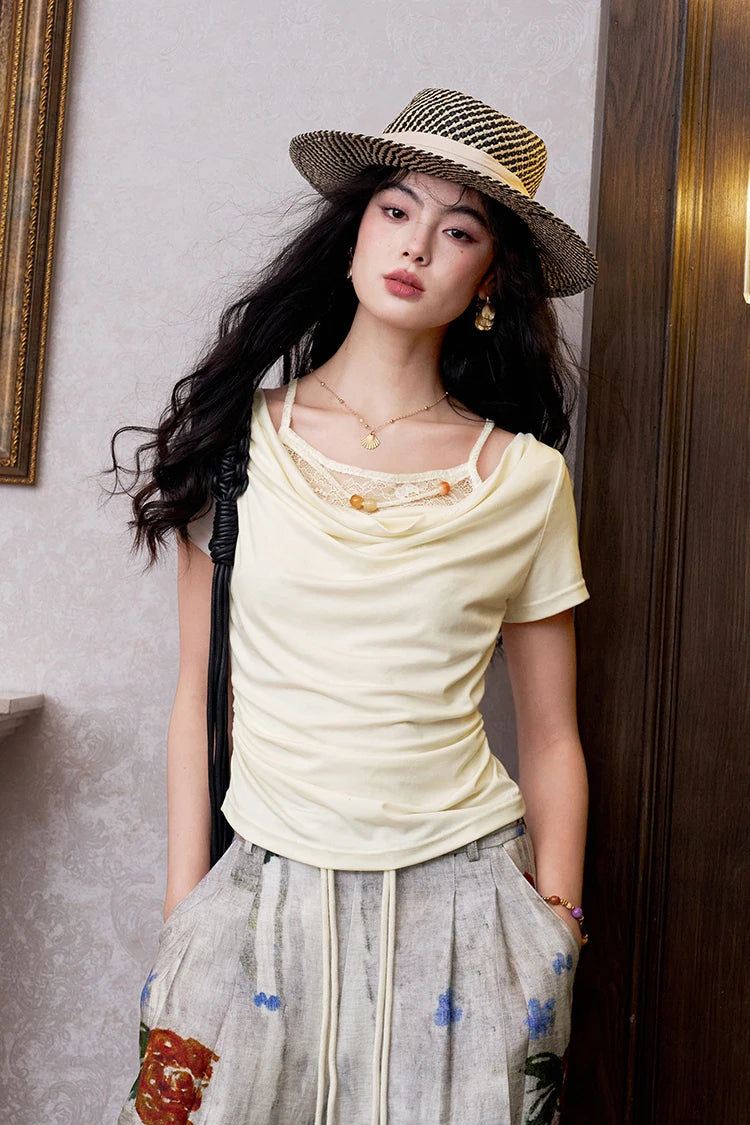 Women's Elegant Fake Two Piece Ruched Cowl Neck T-Shirt, Lace Trim Ribbed Knit Crop Top with Bead Detail