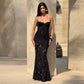 Flower-applique Lace-up Backless Maxi Dress Sexy Black Party Dresses Woman 2025 Elegant Evening Gown