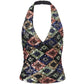 Y2K Sparkly Sequin Halter Neck Top V Neck Sleeveless Geometric Pattern Crop Top for Streetwear and Going Out Styling