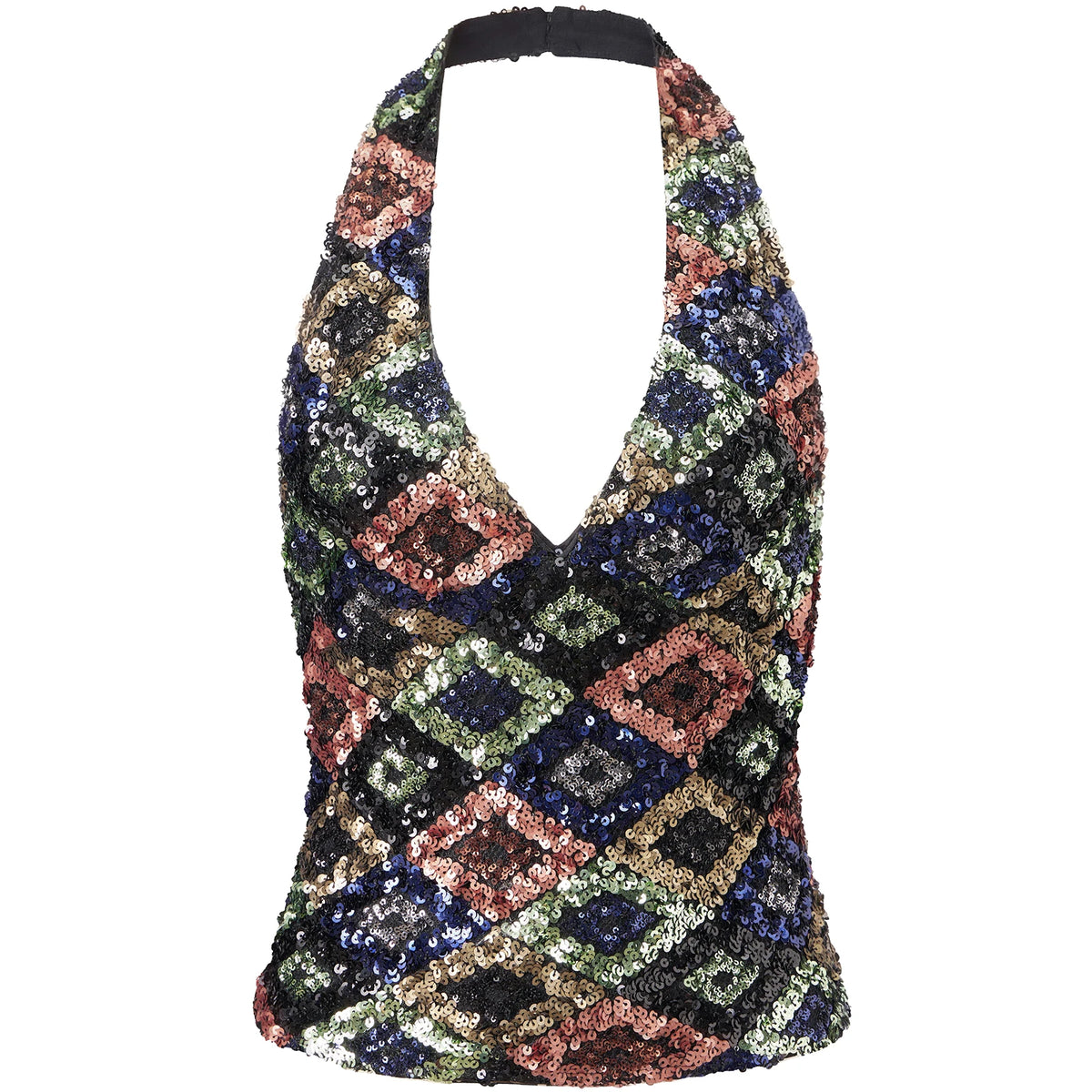 Y2K Sparkly Sequin Halter Neck Top V Neck Sleeveless Geometric Pattern Crop Top for Streetwear and Going Out Styling