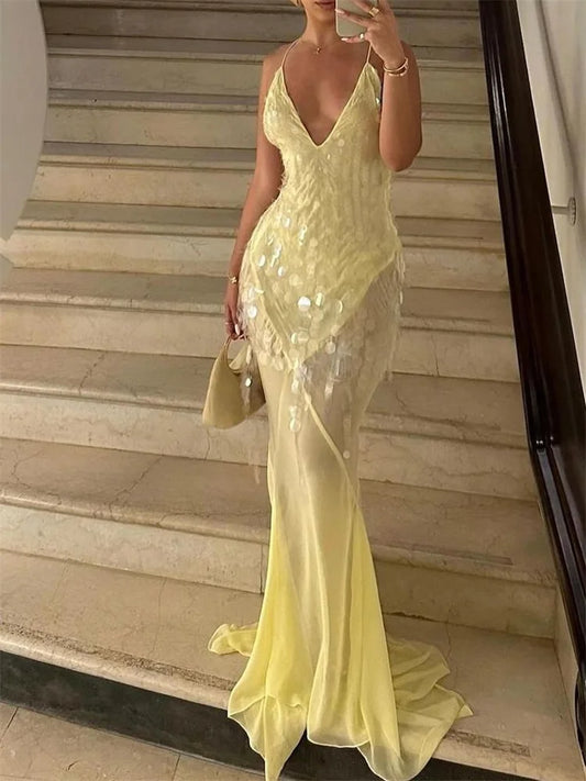 Sequins Women Dress v-Neck Backless Halter Round Glitter Tassels Peach Buttocks Cross Vacation Beach Party Vestidos