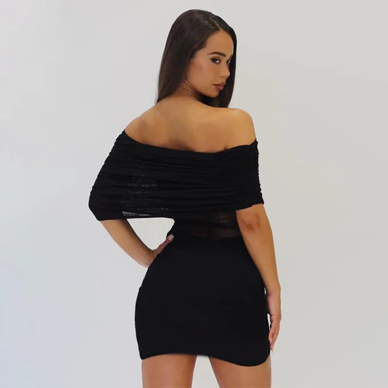 See Through Mesh Black Summer Dresses Sexy Club Wear Off Shoulder Mini Dress 2026 Woman Clothing