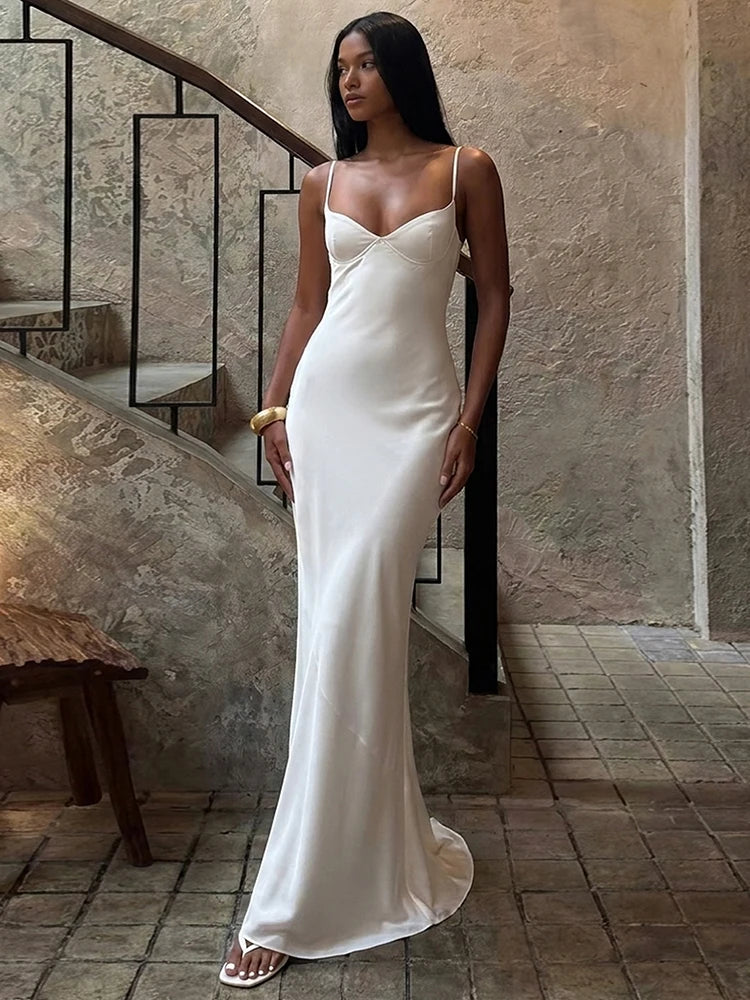 Low-Neck Satin Maxi Dress Women Sleeveless Slim Chic Wedding Party Elegant Vacation Summer Fashion Classic Vestidos