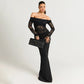 Lace Hollow Splicing Black Sexy Party Dresses Woman 2025 Fall Winter Off Shoulder Long Sleeve Maxi Dress