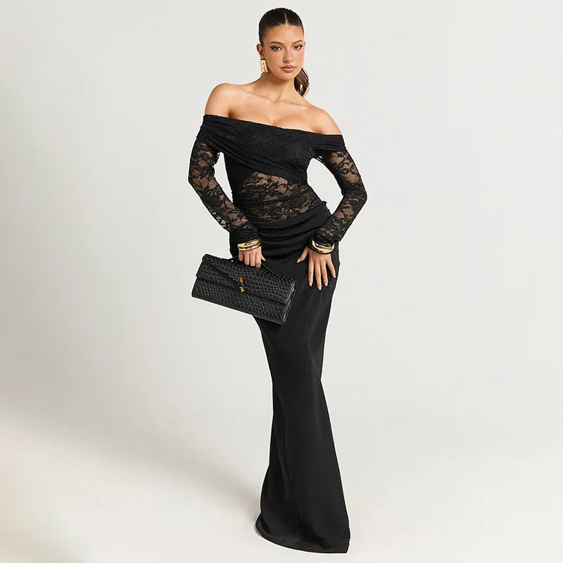 Lace Hollow Splicing Black Sexy Party Dresses Woman 2025 Fall Winter Off Shoulder Long Sleeve Maxi Dress