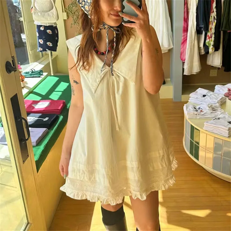 Preppy Cute Women Sleeveless Doll Dress Big Sailor Lapel Tie Bow Decor Eyelet Lace Ruffle Hem Street Summer Short Dress