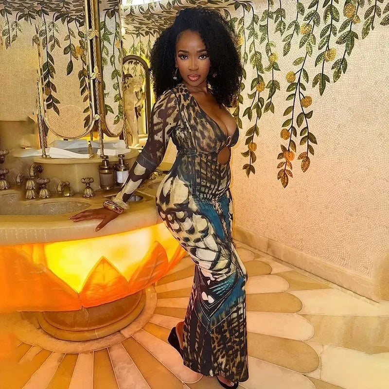 Butterfly Print Mesh Sheer Deep V Neck Long Sleeve Maxi Dresses 2026 Woman Party Dress Sexy Outfits