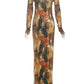 Tie Dye Elegant Maxi Dress Women U-Neck Long Sleeve Sexy Autumn Trend Simple Evening Stretchy Skinny Clubwear Bodycon