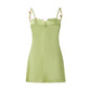 Women's Sexy Satin Party Club Dress 3D Flower Spaghetti Strap Low Cut Backless Mini Dress Slip Floral Trim Cami Dress