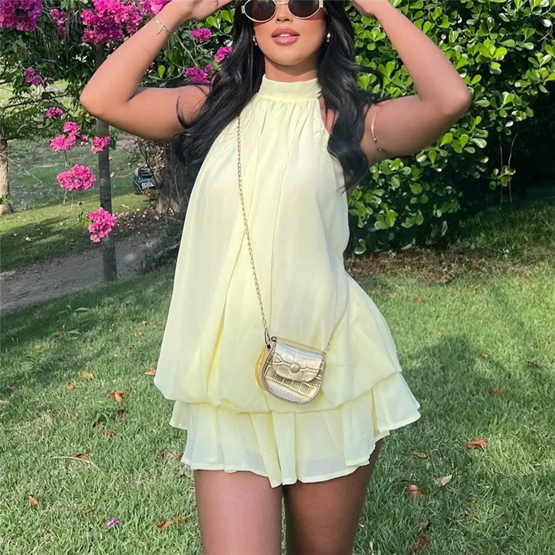 Elegant Women's Halter Neck Short Dress Summer Sleeveless Open Back Drop Waist Ruffle Mini Dress Beach Club Party Dress