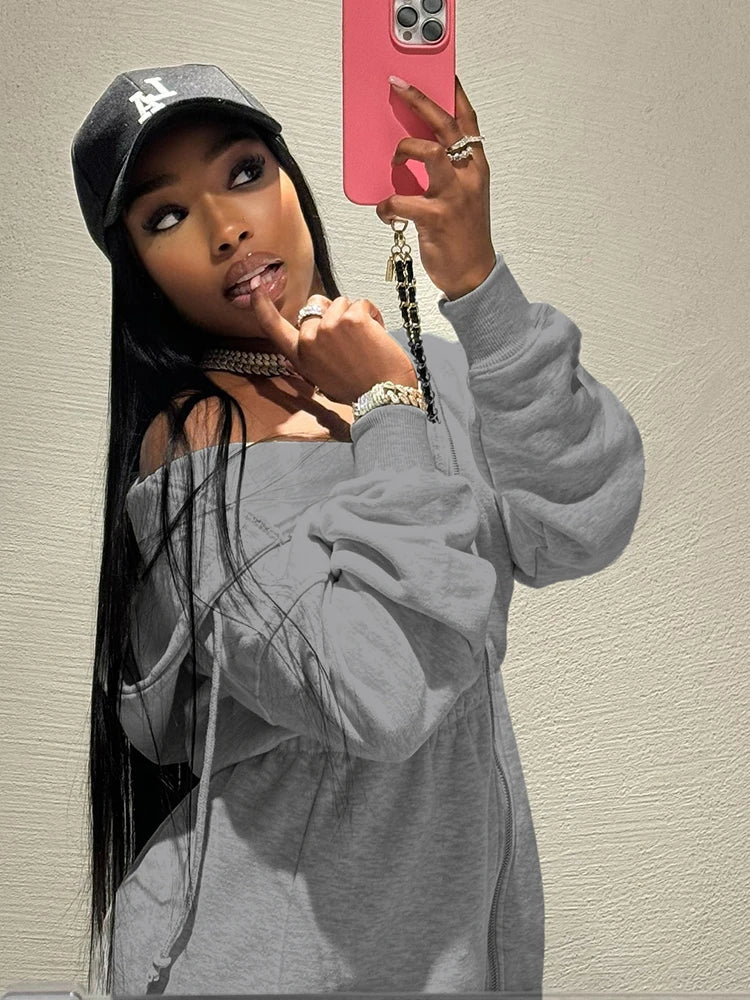 Casual Women Mini Dress Sporty Zip Shirring Hooded Full Sleeve Autumn Fashion Waist-Reducing Classic Solid Bodycon