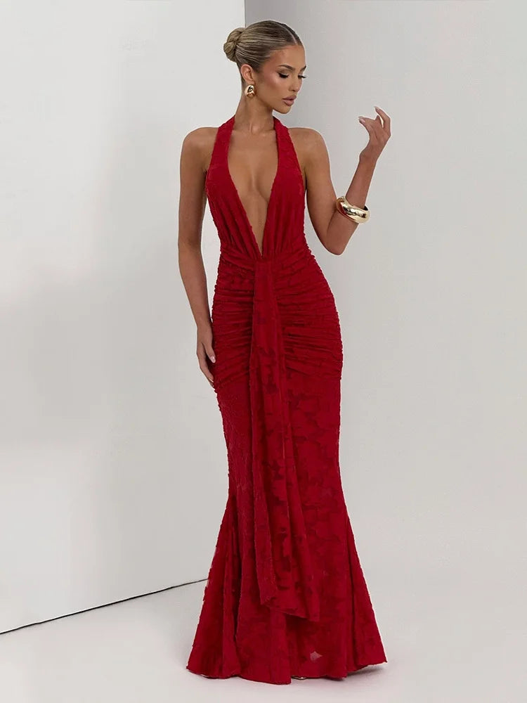 Sexy Lace Mesh Sheer Deep V Neck Backless Fishtail Maxi Dresses for Woman Elegant Party Long Dresses