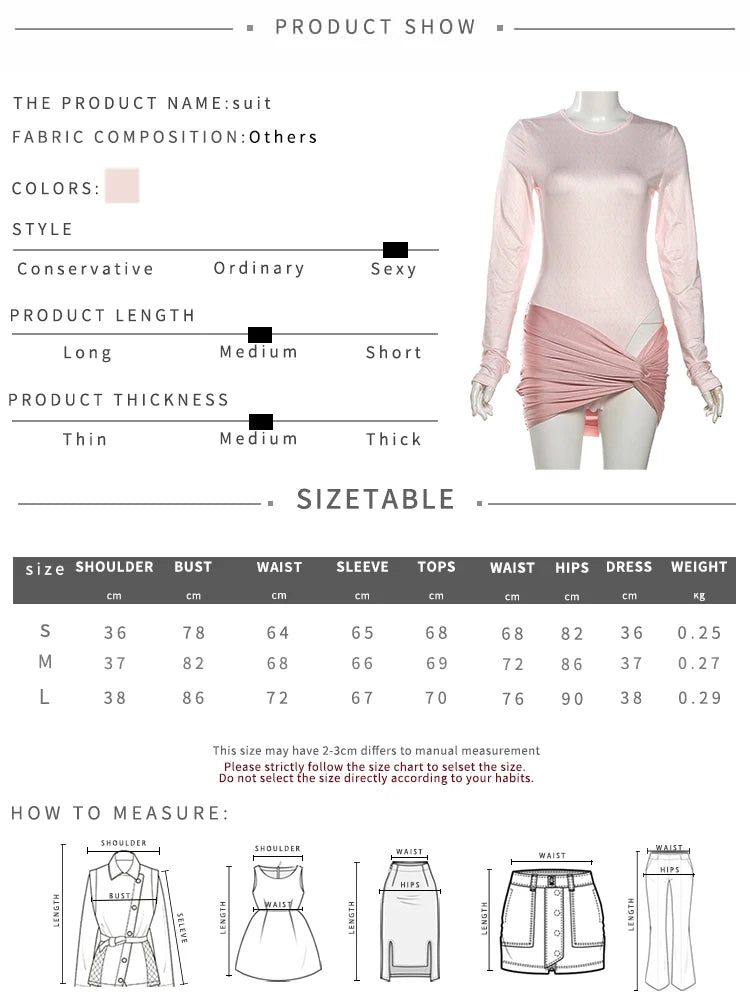 Simple 2-Piece Set Women o-Neck Pattern Long Sleeve Skinny Bodysuits+Cross Folds Mini Skirts Matching Elegant Chic Suits