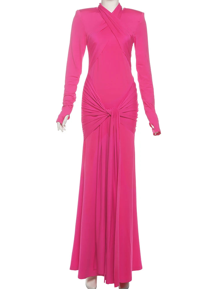 Christmas Maxi Dress Women Elegant Y2K Long Sleeve Shoulder Padded Bandage Ribbon Sexy Elegant Skinny Stretch Bodycon