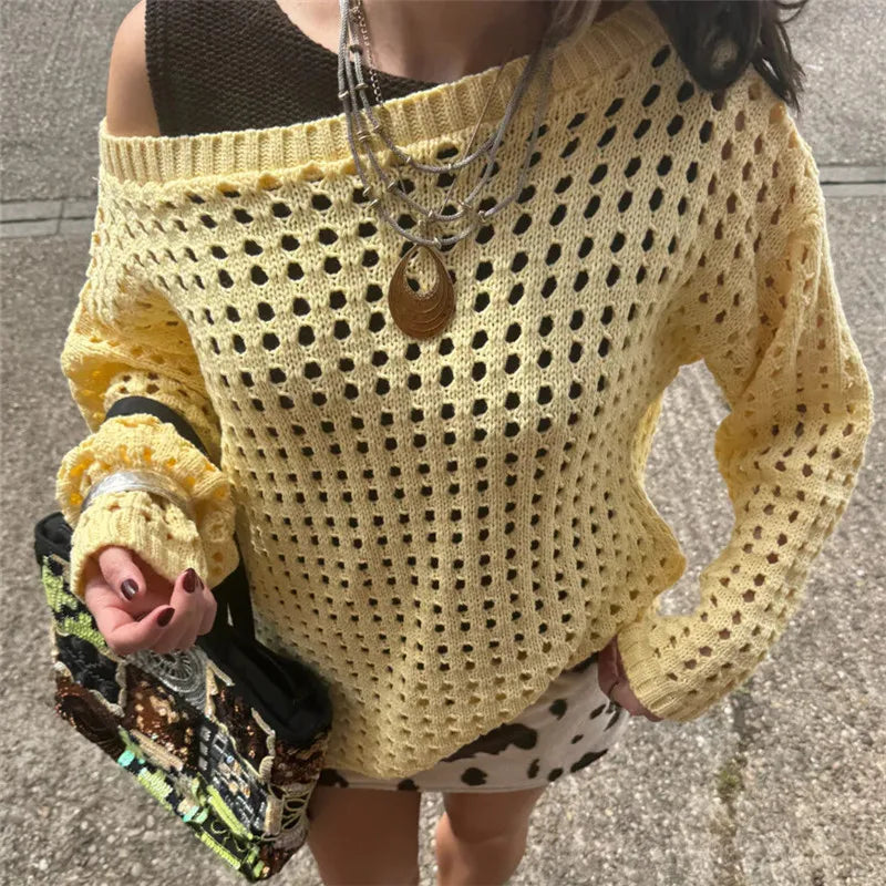 Women Retro Y2K Hollow Knit Mesh Sweater Off‑Shoulder Slouchy Oversized Pullover Long Sleeve Grunge Vintage Street Tops