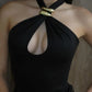 Halter Hollow Out Sexy Crop Tops Pullovers Women Vest Summer New Ring Metal Off-shoulder Tank Tops Female Skinny Top