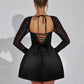 Glitter Long Sleeve Backless Sexy Mini Dress For Women Robe Square Collar Lace-up High Waist A-line Club Dress Elegant