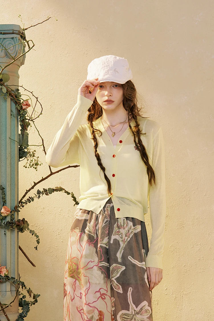 Women's V Neck Crop Knit Cardigan with Cartoon Embroidery, Casual Long Sleeve Knit Top, Sweet Preppy Style Outerwear