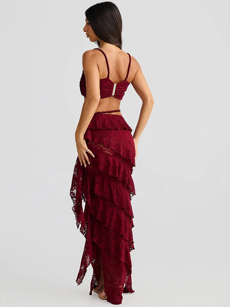 Summer Lace Sexy Two Piece Sets Women Fashion Strapless Crop Tops And Maxi Skirt Female Elegant Beach Party 2 Piece Set