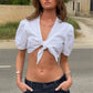 Women V Neck Front Tie Knot Crop Blouse Puff Short Sleeve Cropped Shirt Vintage Y2K Casual Summer Streetwear Beach Tops