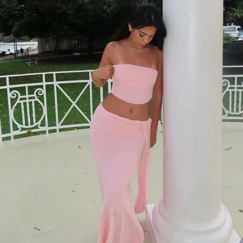 Pink Mesh Tube Top Long Skirt Suit Two Piece Set Woman Elegant Sexy Wedding Guest Outfit