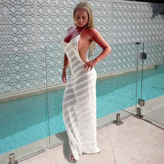 See Through Striped Mesh Dress White Black Open Back Long Maxi Summer Dresses for Woman Beach Vacation Outfit