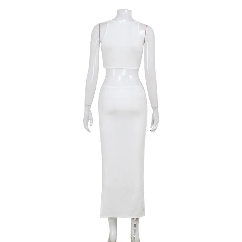 Sexy Hollow Waistless Maxi Dress Women Y2K Bead Splits Elegant Summer Skinny Simple Classic Solid Sleeveless Vestidos