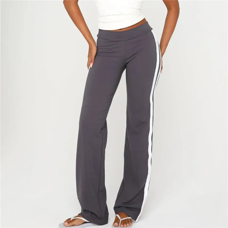 Women Side White Striped Flare Sweatpants Fold Over Waist Slim Bootcut Y2K Casual Streetwear Sports Trousers