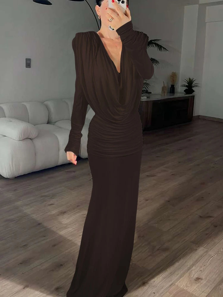 Swing Collar Backless Dress Women Ruched Full Sleeve Stretchy Elegant Party Banquet Gown Fashion Peach Hip Bodycon