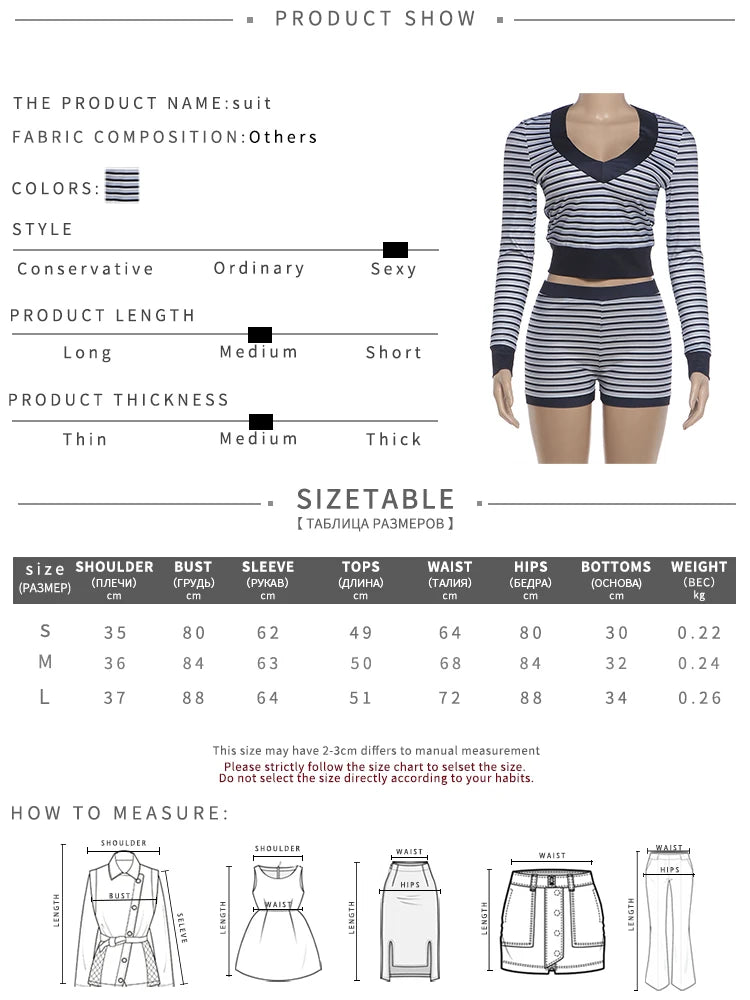 Stripe Print 2 Piece Set Woman Low-Neck Full Sleeve Navel Exposed Tops+Mini Shorts High Street Casual Fashion Suits