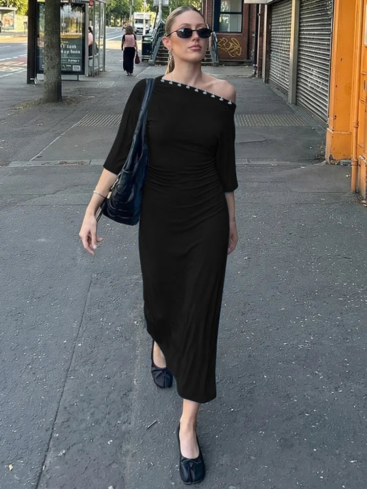 Off-shoulder Backless Sexy Maxi Dress Women Elegant Black Bodycon Ruched Split Party Club Long Dress Female Gown