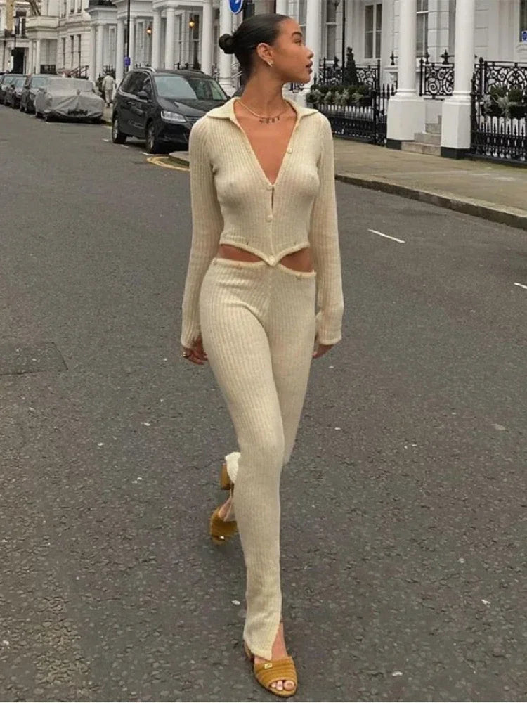 Button Ribbed Knitted Jumpsuit Two Piece Set Fall Winter Clothes Sexy White Long Sleeve Bodycon Jumpsuits