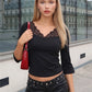 Women Lace V Neck 3 4 Sleeve Crop Top Elegant Spliced Lace Patchwork Slim Fitted Blouse Casual Solid Short Tee Shirt