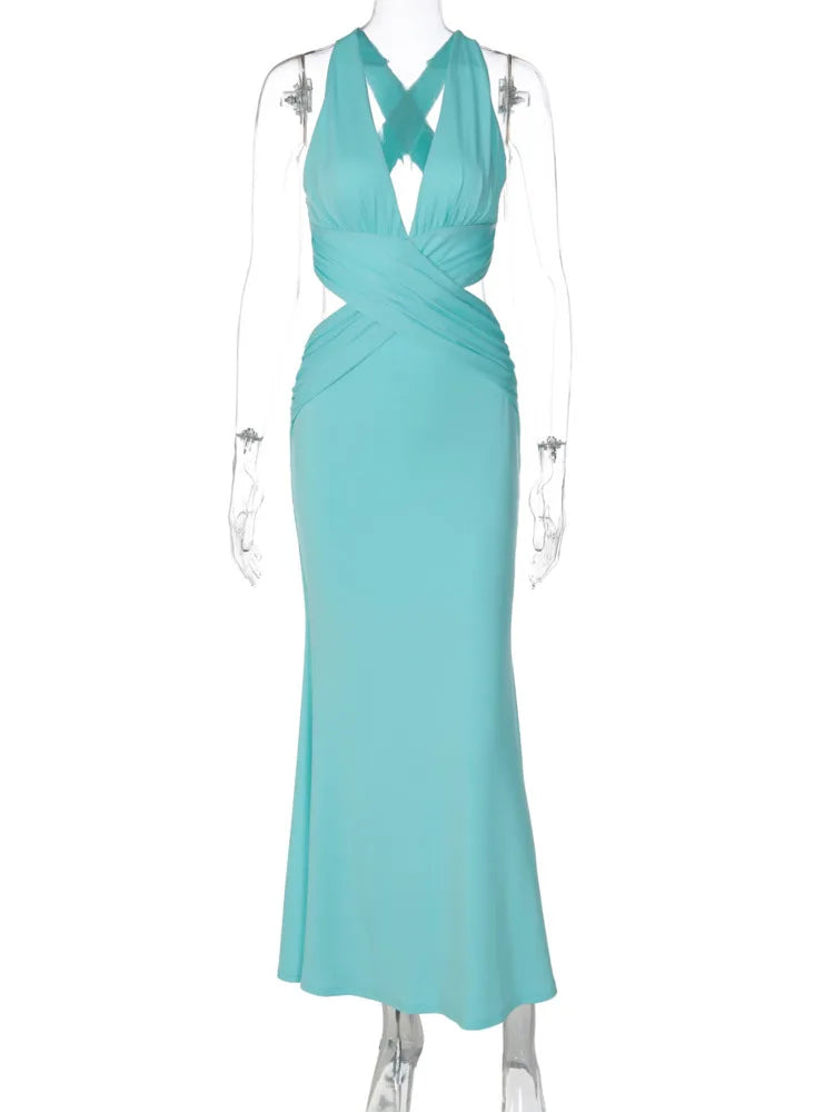 Women Halter Deep V Cutout Mermaid Maxi Dress Sexy Backless Ruched Long Gown Sleeveless Bodycon Party Evening Dress