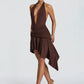 Women Halter Deep V Neck Sexy Midi Dress Elegant Irregular Ruched Wrap Waist Bodycon Club Night Party Mini Dresses
