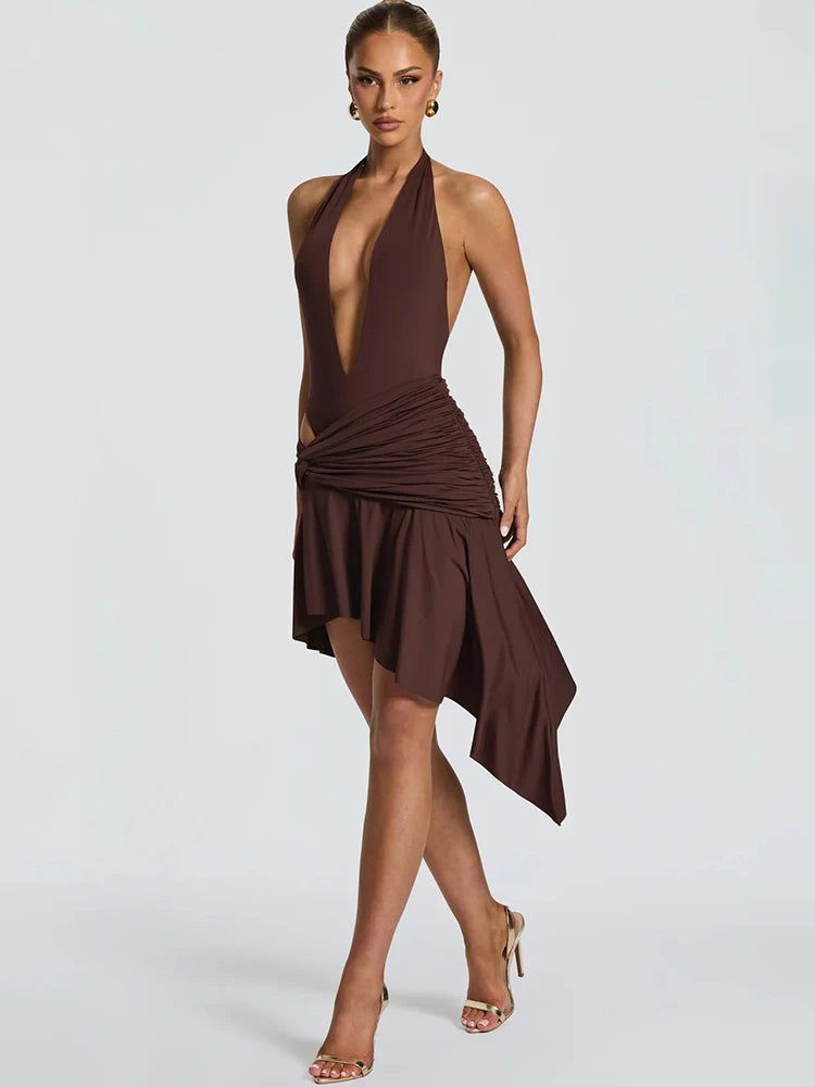 Women Halter Deep V Neck Sexy Midi Dress Elegant Irregular Ruched Wrap Waist Bodycon Club Night Party Mini Dresses