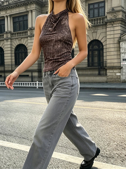 Backless Plaid Print Tank Tops Woman Summer Trend Belt Patchwork Halter Hot Girls High Street Sexy Fashion Style Vests
