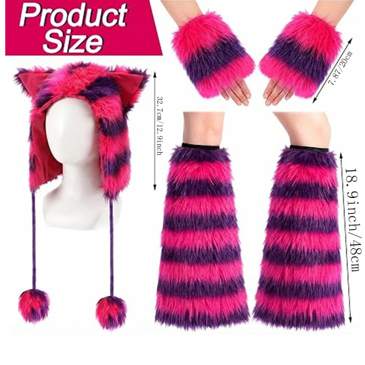 Cheshire Cat Faux Fur Accessory Kit Pink Purple Striped Cat Ear Hat Wrist Cuffs Leg Warmers Halloween Cosplay Dress Up