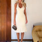 Women Halter Deep V Neck Midi Dress Sleeveless Backless Bodycon Ruffle Hem Long Dress Elegant Club Party Evening Dress