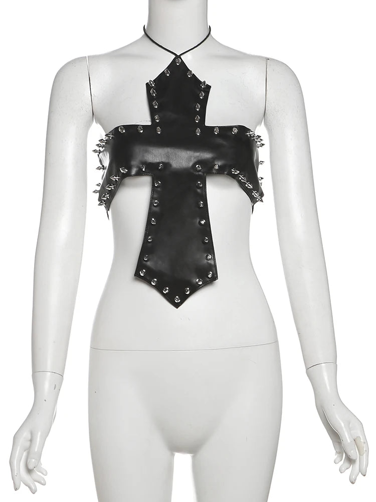 Y2K Faux Leather Vest Women Sexy Rivet Halter Backless Bandages Coquette Midnight Party Club Street Skinny Tank Top