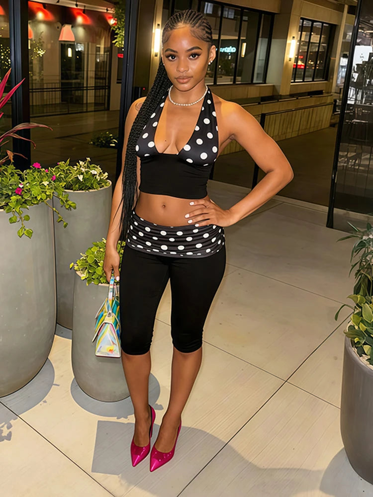 Trend Hottie 2 Piece Set Women Polka Dot Print Patchwork Halter Backless Vest+Ruched Capri Pants Fashion Streetwear